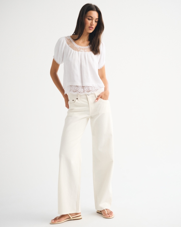 Lace-Trim Puff Sleeve Embroidered Blouse, White view 2