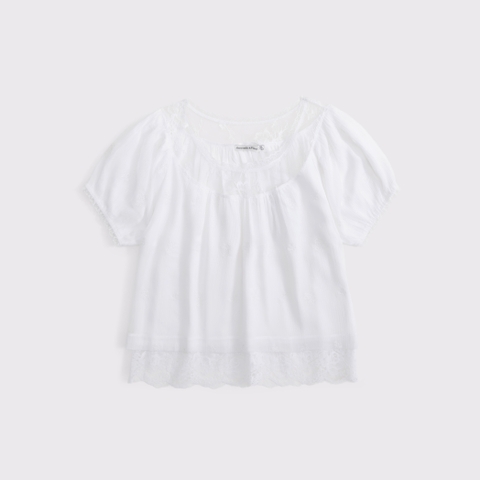 Женские блузки Abercrombie & Fitch Lace-Trim Puff Sleeve Embroidered Blouse