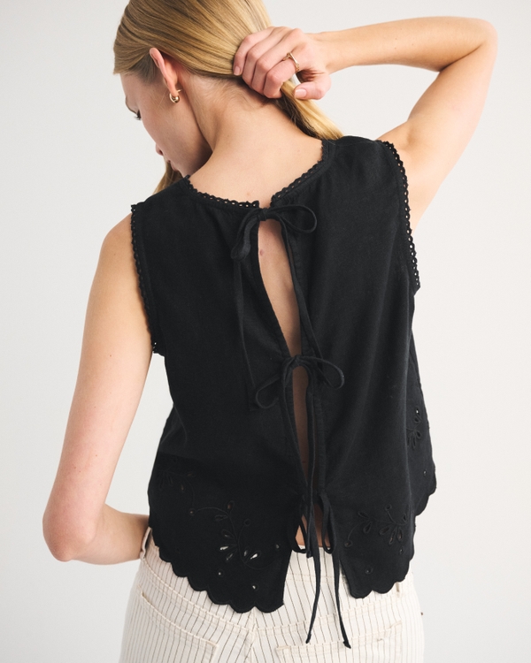 Embroidered Tie-Back Shell Top, Black view 1