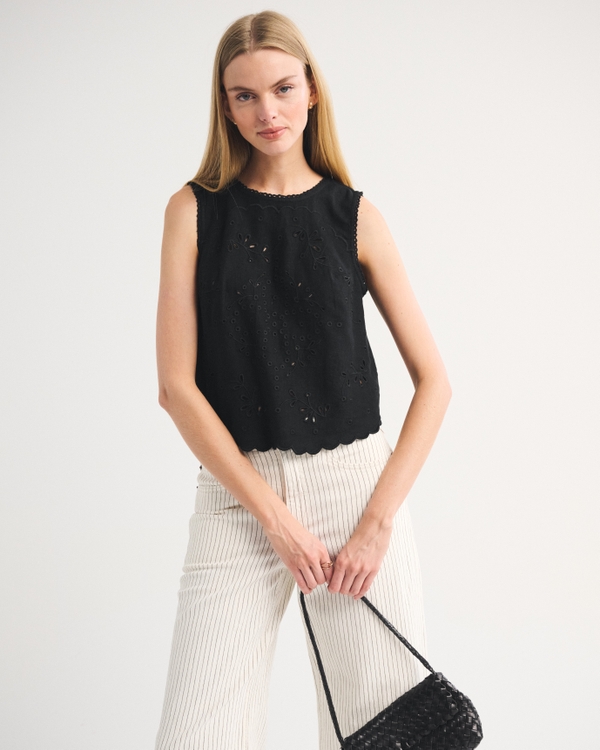 Embroidered Tie-Back Shell Top, Black view 2