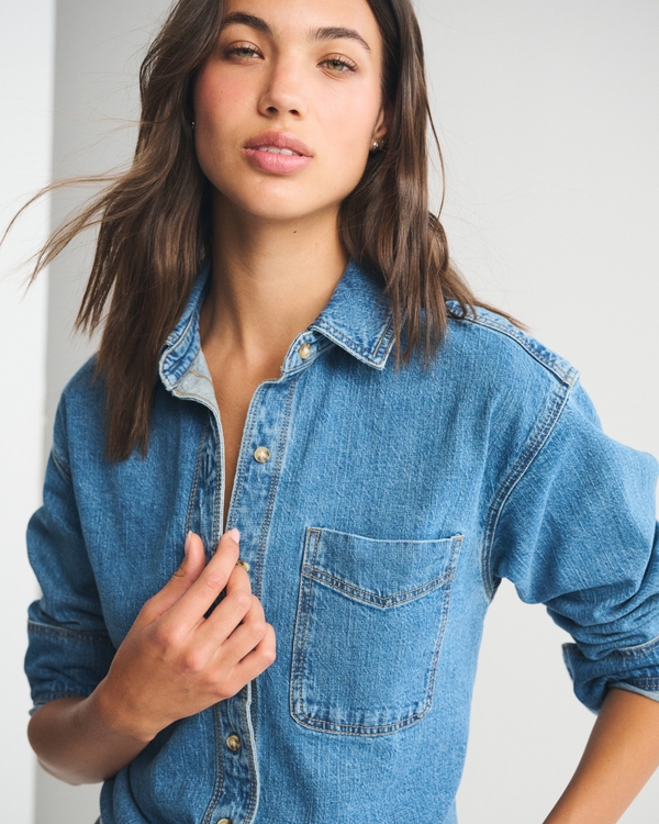 Oversized Linen-Blend Denim Shirt, Medium Wash view 1