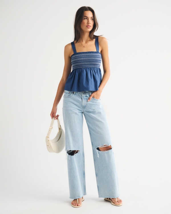 2-in-1 Convertible Smocked Top, Blue Fog view 2