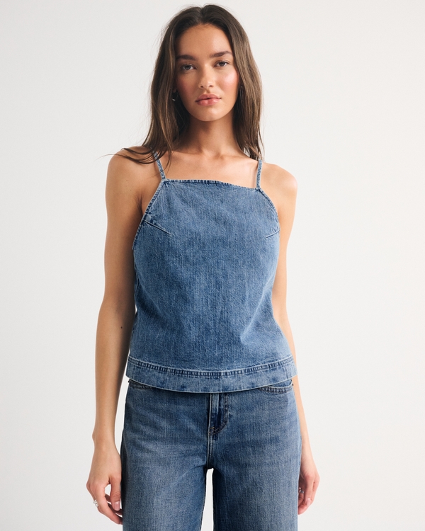 Bra-Free Linen-Blend Denim Tie-Back Cami, Medium Denim view 1