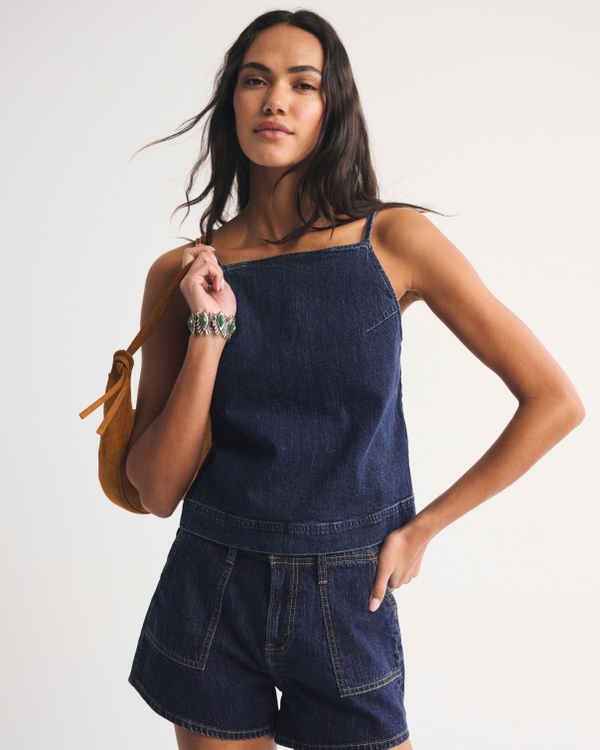 Bra-Free Linen-Blend Denim Tie-Back Cami, Dark Denim view 1