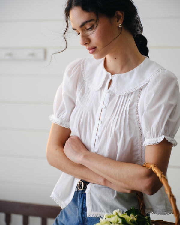 Collared Button-Through Puff Sleeve Top, White view 1