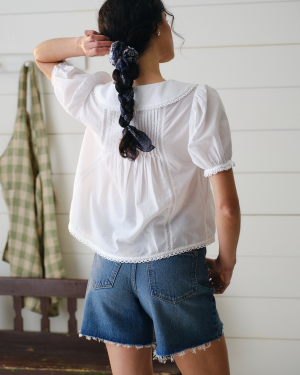 Collared Button-Through Puff Sleeve Top, White view 2