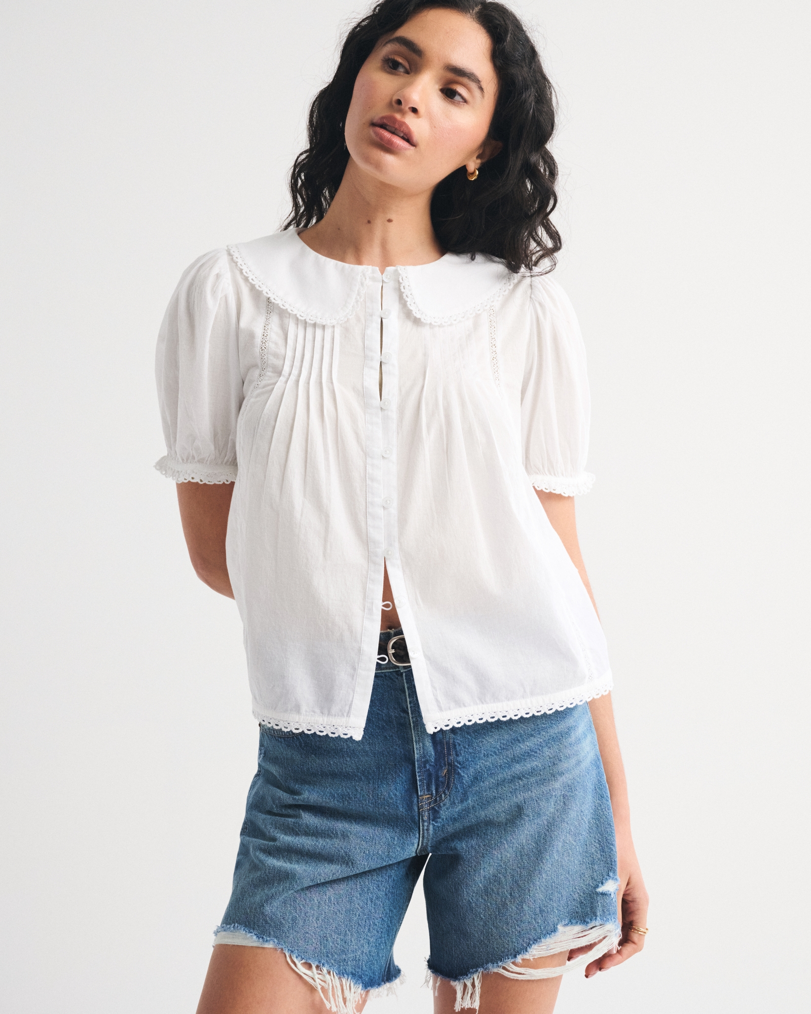 Collared Button-Through Puff Sleeve Top