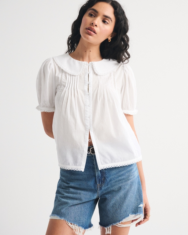 Collared Button-Through Puff Sleeve Top