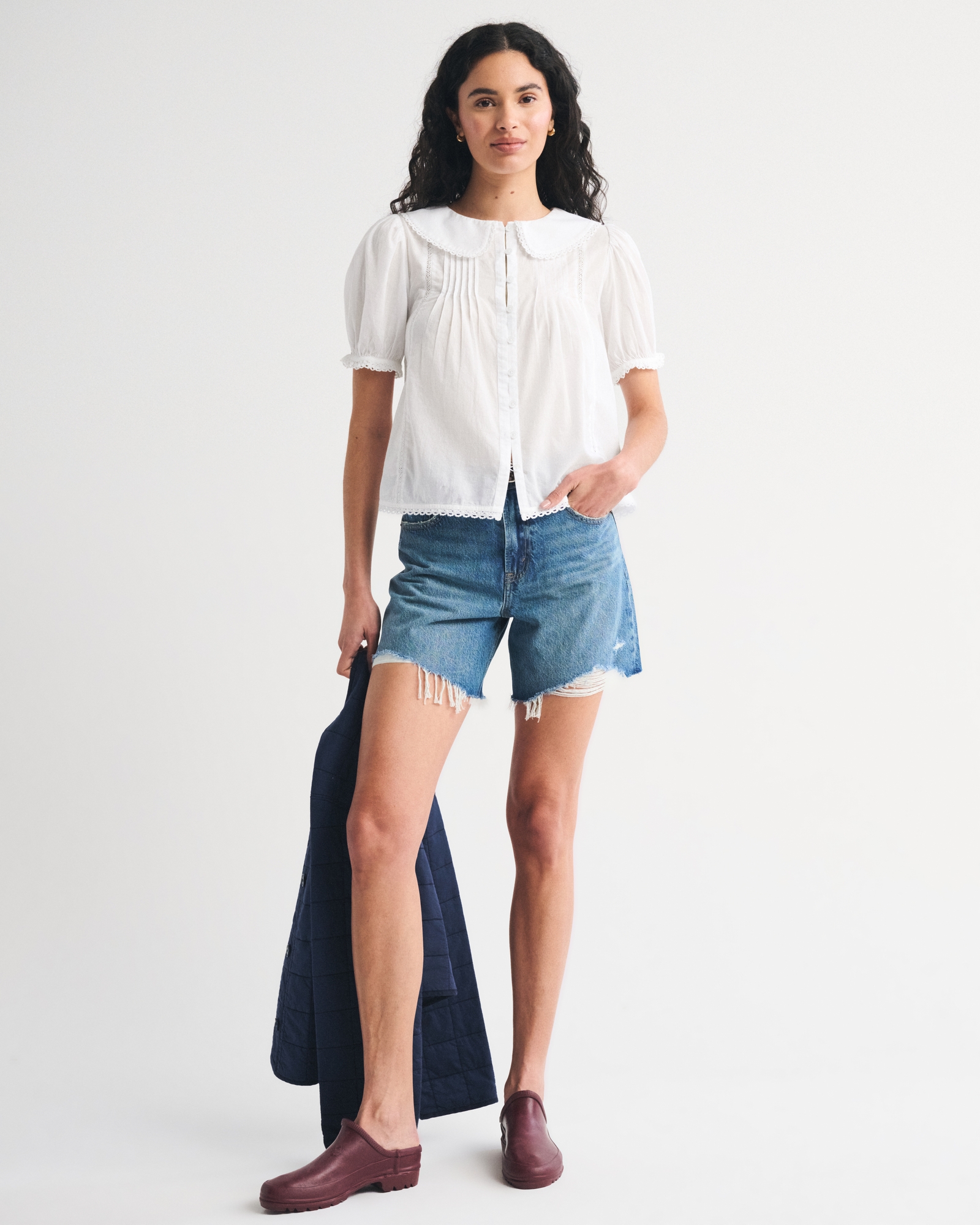 Collared Button-Through Puff Sleeve Top