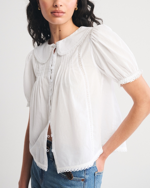Collared Button-Through Puff Sleeve Top