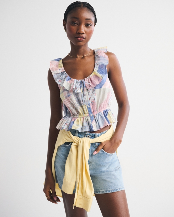 Ruffle Scoopneck Button-Through Tank