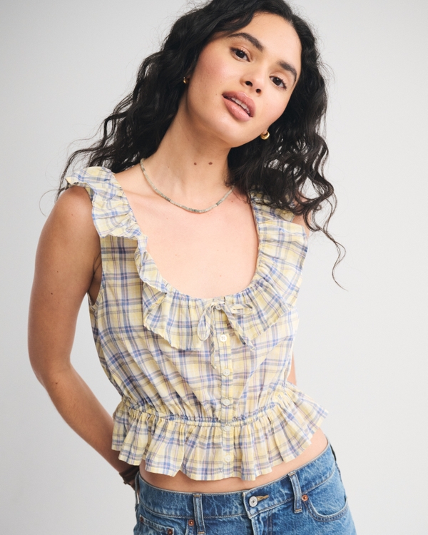 Ruffle Scoopneck Button-Through Tank