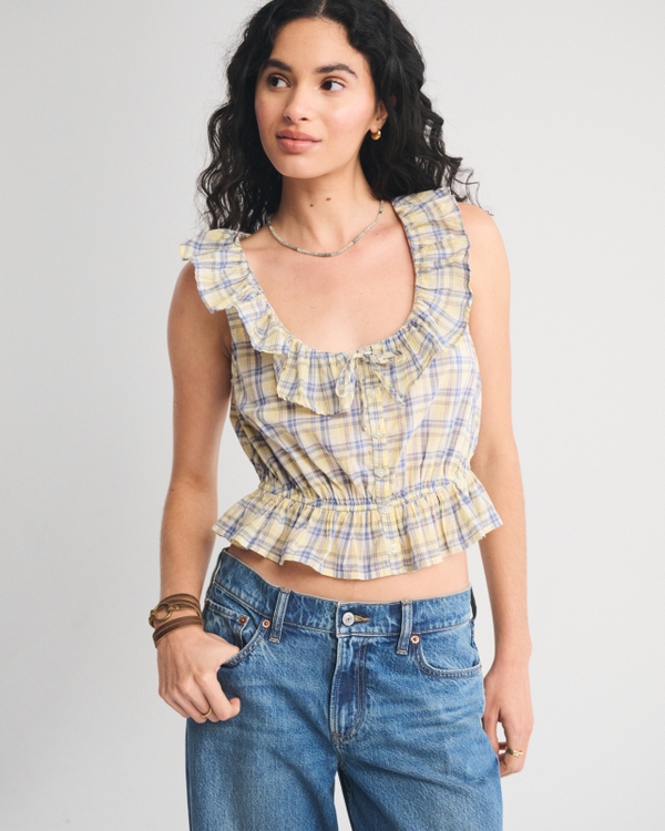 Ruffle Scoopneck Button-Through Tank