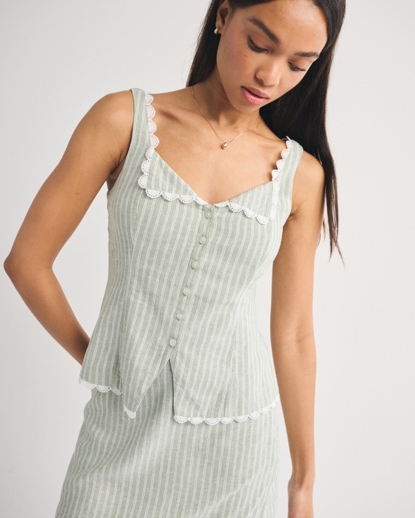 Geknöpftes Tanktop aus Leinenmischung mit muschelrandiger Stickerei, Grün Mit Streifen view 1