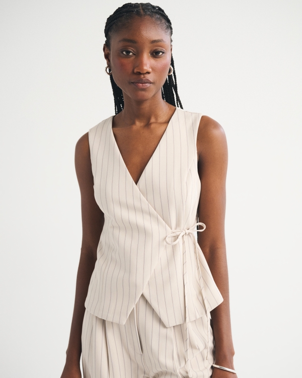 Wrap-Front Vest, Beige Pinstripe view 1