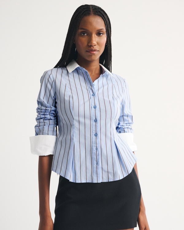 Cinched Poplin Shirt, Light Blue Stripe view 1