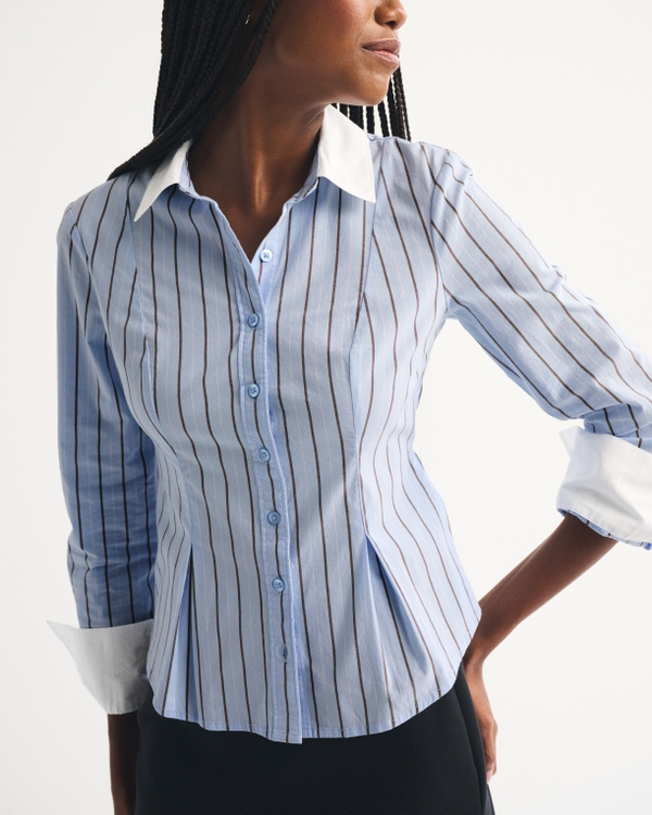Cinched Poplin Shirt, Light Blue Stripe view 2