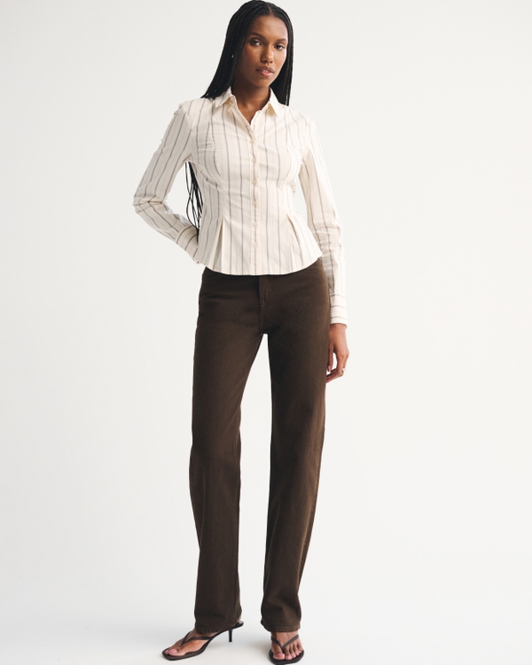 Cinched Poplin Shirt, Cream Stripe view 2