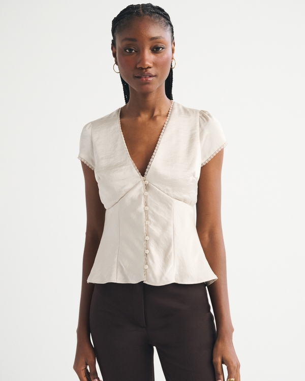 Slim Satin Short-Sleeve Blouse, Light Beige view 1