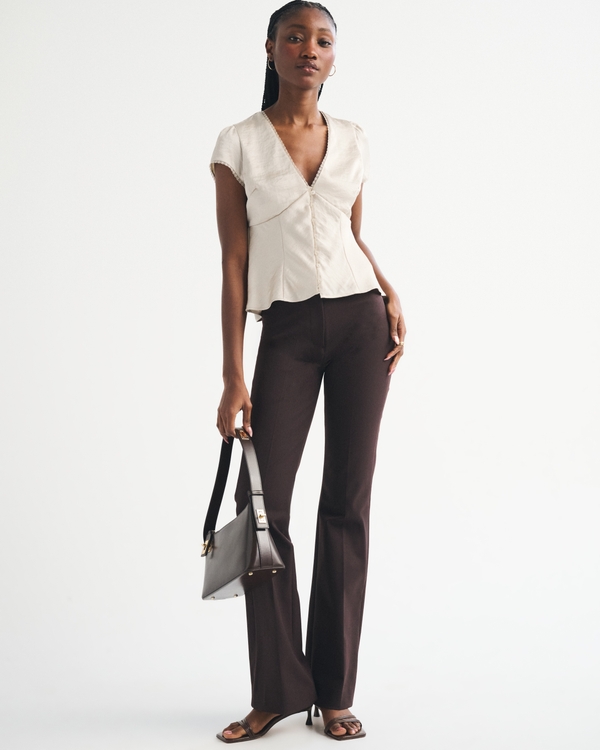 Slim Satin Short-Sleeve Blouse, Light Beige view 2