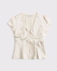 Slim Satin Short-Sleeve Blouse