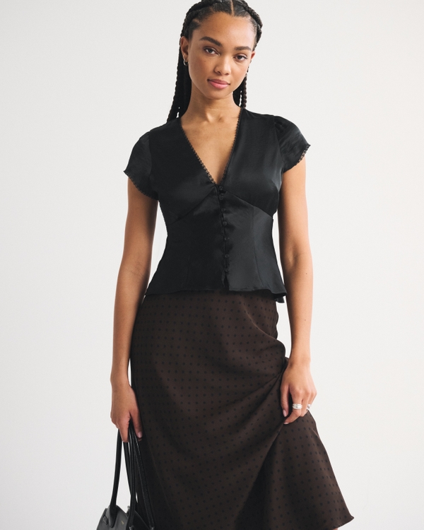 Slim Satin Short-Sleeve Blouse, Black view 1