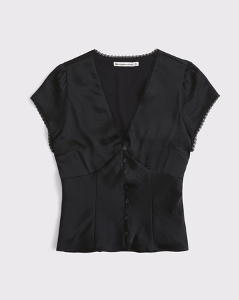 Slim Satin Short-Sleeve Blouse