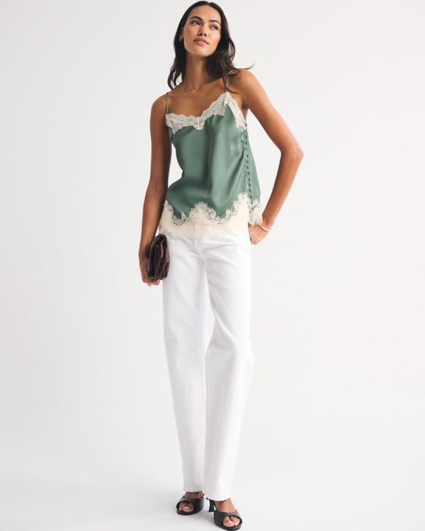 Débardeur en dentelle et satin, Vert view 2