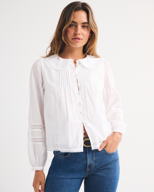 100% Cotton Long-Sleeve Lace-Trim Collared  Blouse, White view 2
