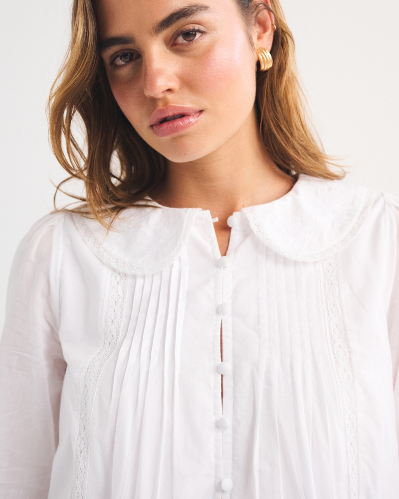 100% Cotton Long-Sleeve Lace-Trim Collared  Blouse - thumbnail 9