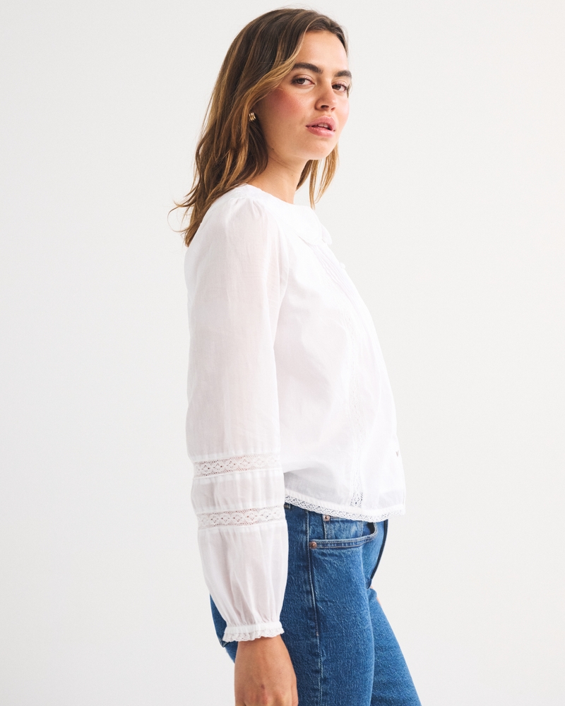 100% Cotton Long-Sleeve Lace-Trim Collared  Blouse - thumbnail 10