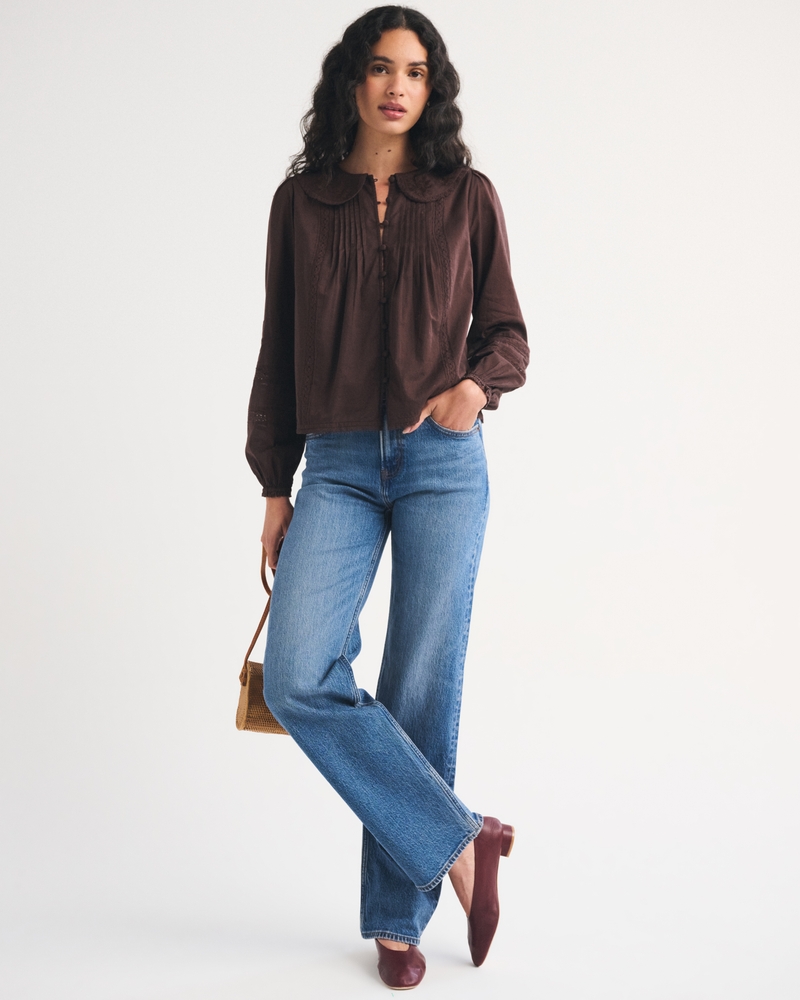 100% Cotton Long-Sleeve Lace-Trim Collared  Blouse