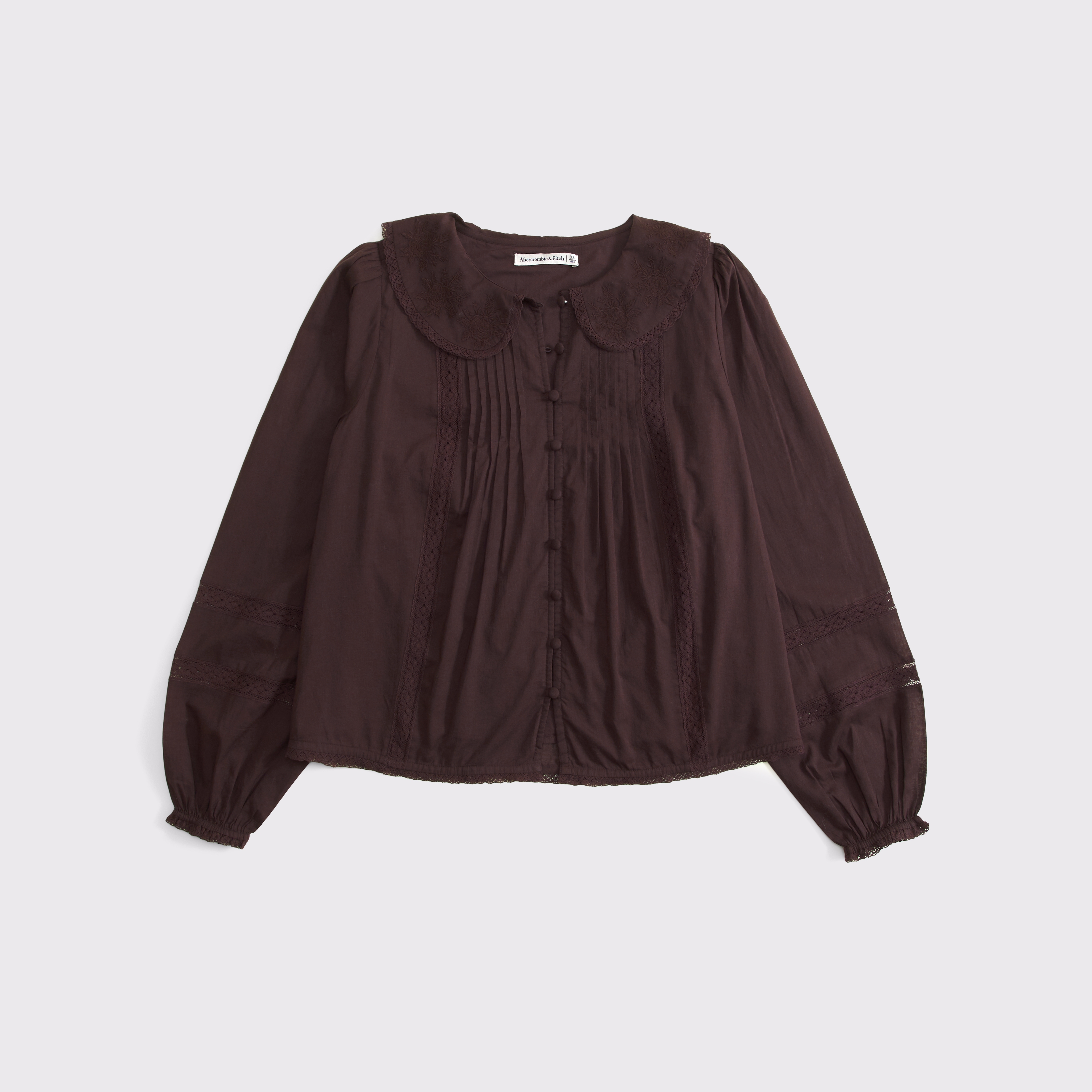 Женская блузка Abercrombie & Fitch 100% Cotton Long-Sleeve Lace-Trim Collared Blouse, цвет: Тёмный кофейный — фото 1