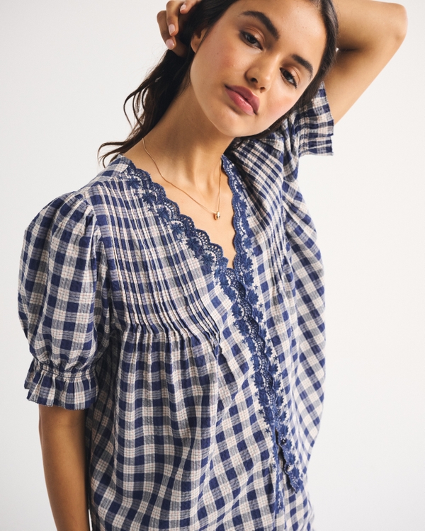 Puff-Sleeve Pintuck Blouse, Blue Check view 1