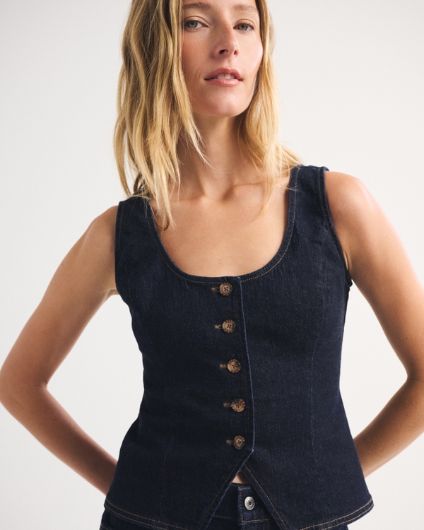 Tie-Back Scoop Neck Denim Vest, Rinse view 1