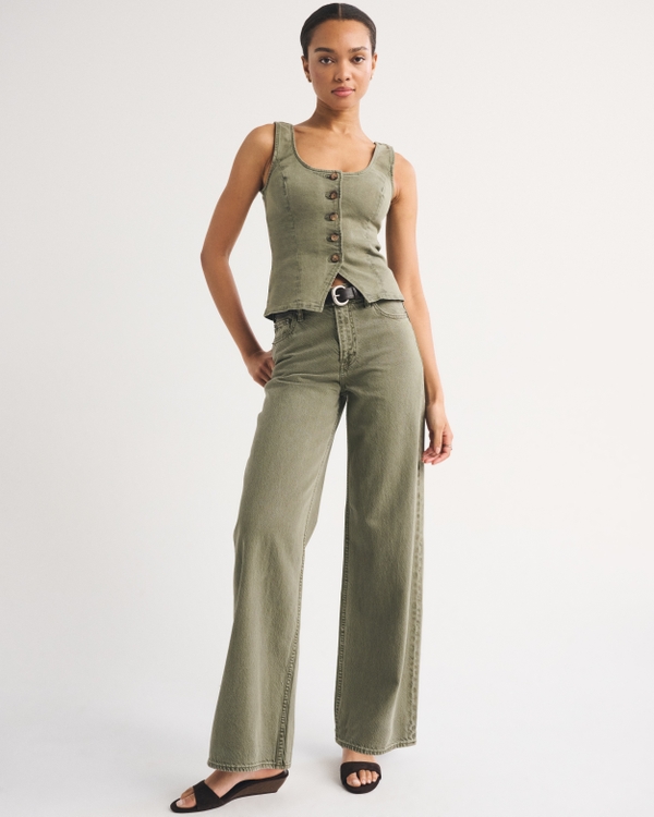 Tie-Back Scoop Neck Denim Vest, Olive view 2