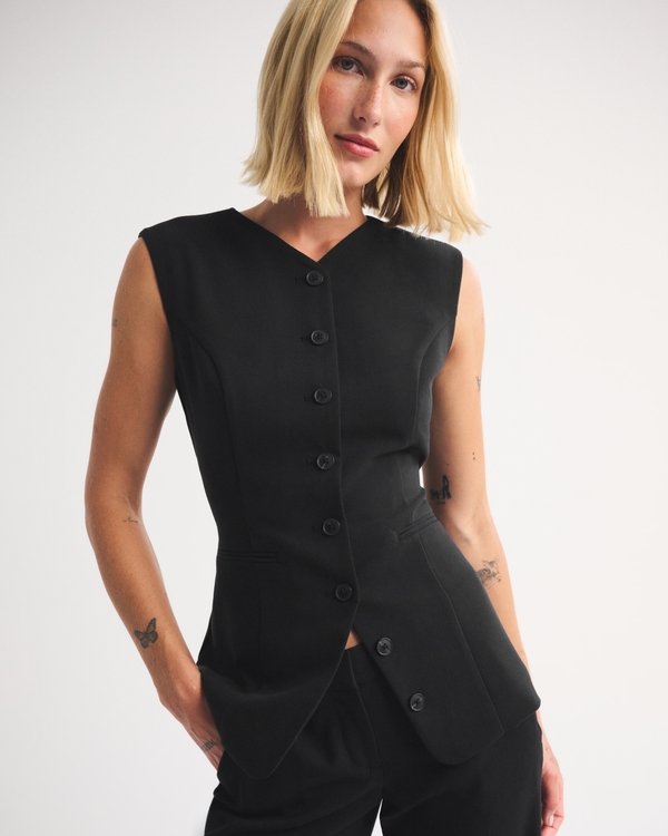 Bra-Free Tailored Button-Up Vest, Black view 1