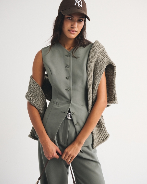 Bra-Free Tailored Button-Up Vest, Muted Basil view 1