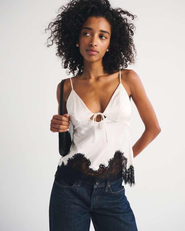 Bra-Free Bella Lace-Trim Satin Cami, Cream view 1