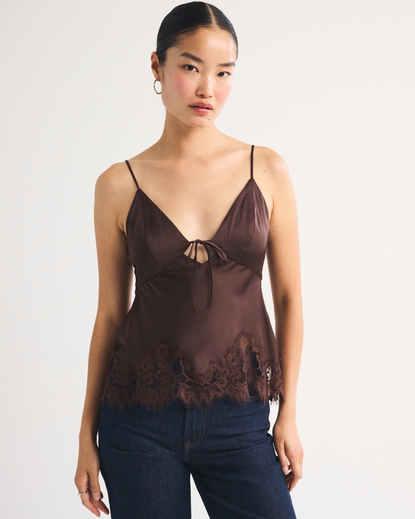 Bra-Free Bella Lace-Trim Satin Cami, Mahogany view 1