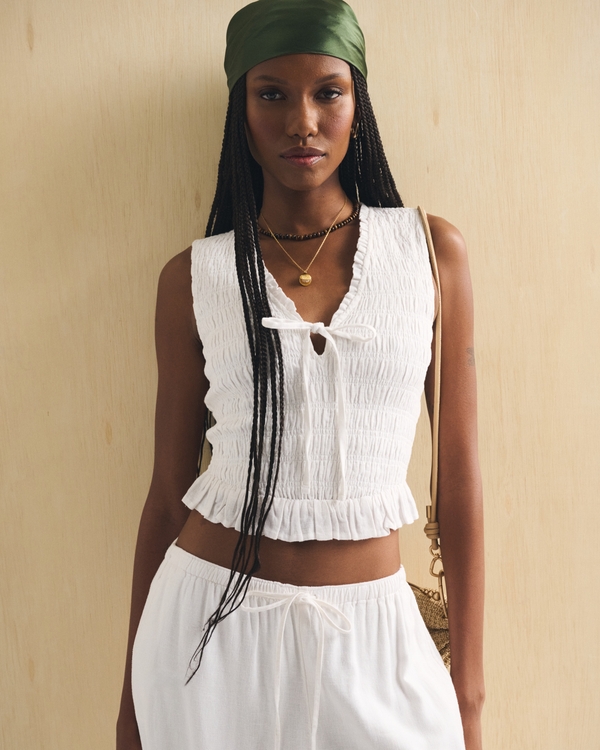 Linen-Blend Smocked Tie-Front Top, White view 1