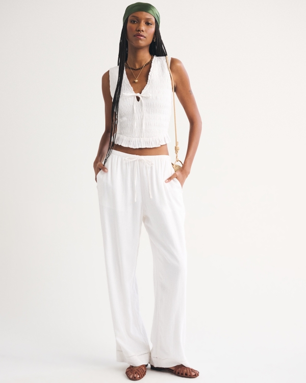 Linen-Blend Smocked Tie-Front Top, White view 2