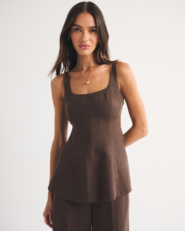 100% Linen Peplum Top, Dark Brown view 1