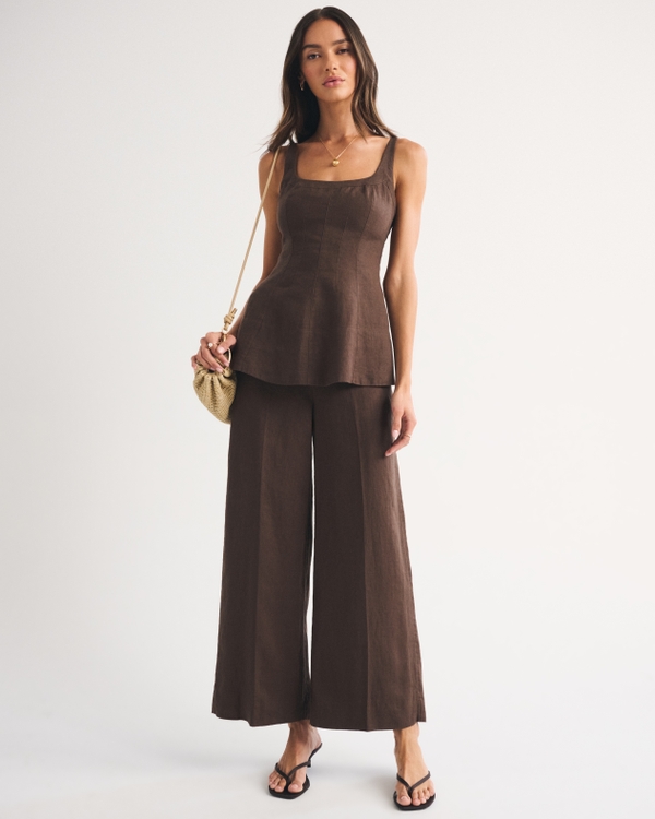100% Linen Peplum Top, Dark Brown view 2