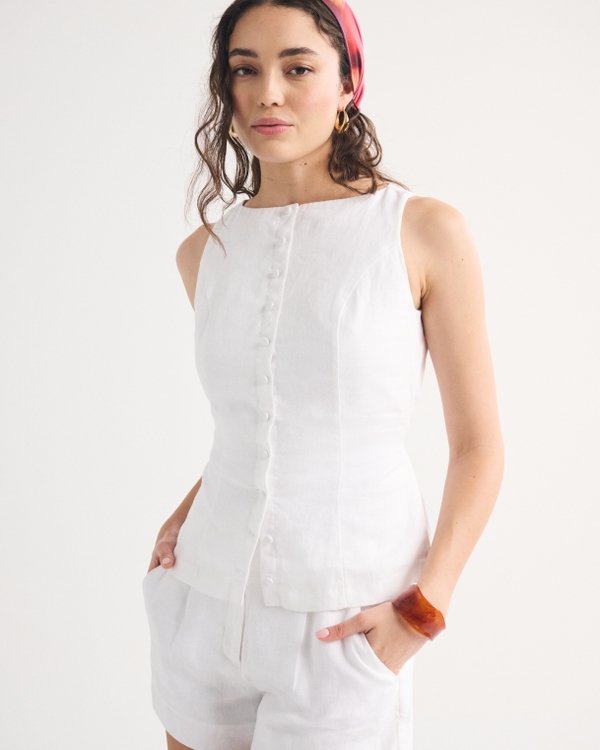 100% Linen Button-Up Shell, White view 1