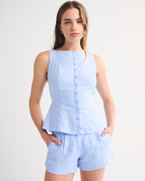 100% Linen Button-Up Shell, Light Blue view 1