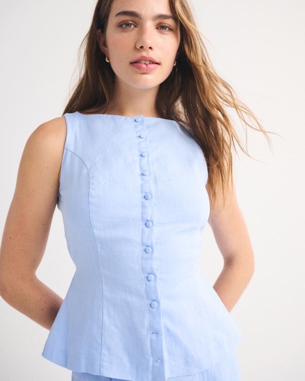 100% Linen Button-Up Shell, Light Blue view 2