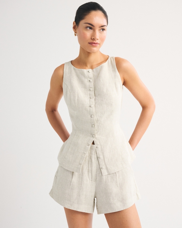 100% Linen Button-Up Shell, Oatmeal view 1