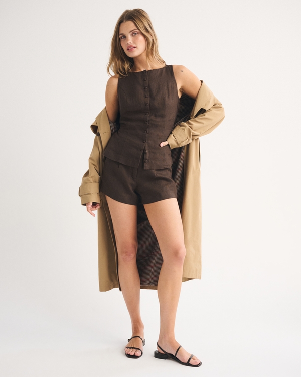 100% Linen Button-Up Shell, Dark Brown view 2