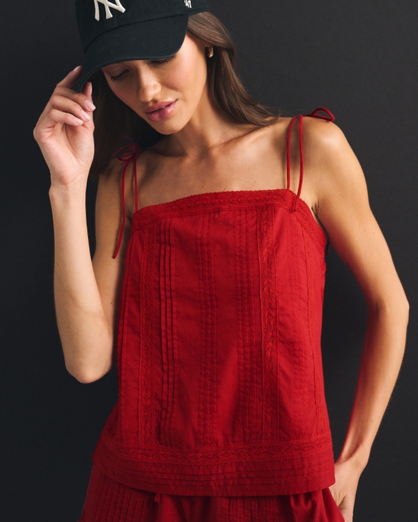 Embroidered Tie-Strap Cami, Fiery Red view 1